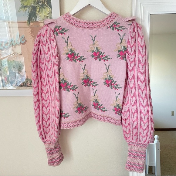 LoveShackFancy Warwick Ruffle Crewneck Sweater in Strawberry Floral Size Medium - Picture 11 of 11